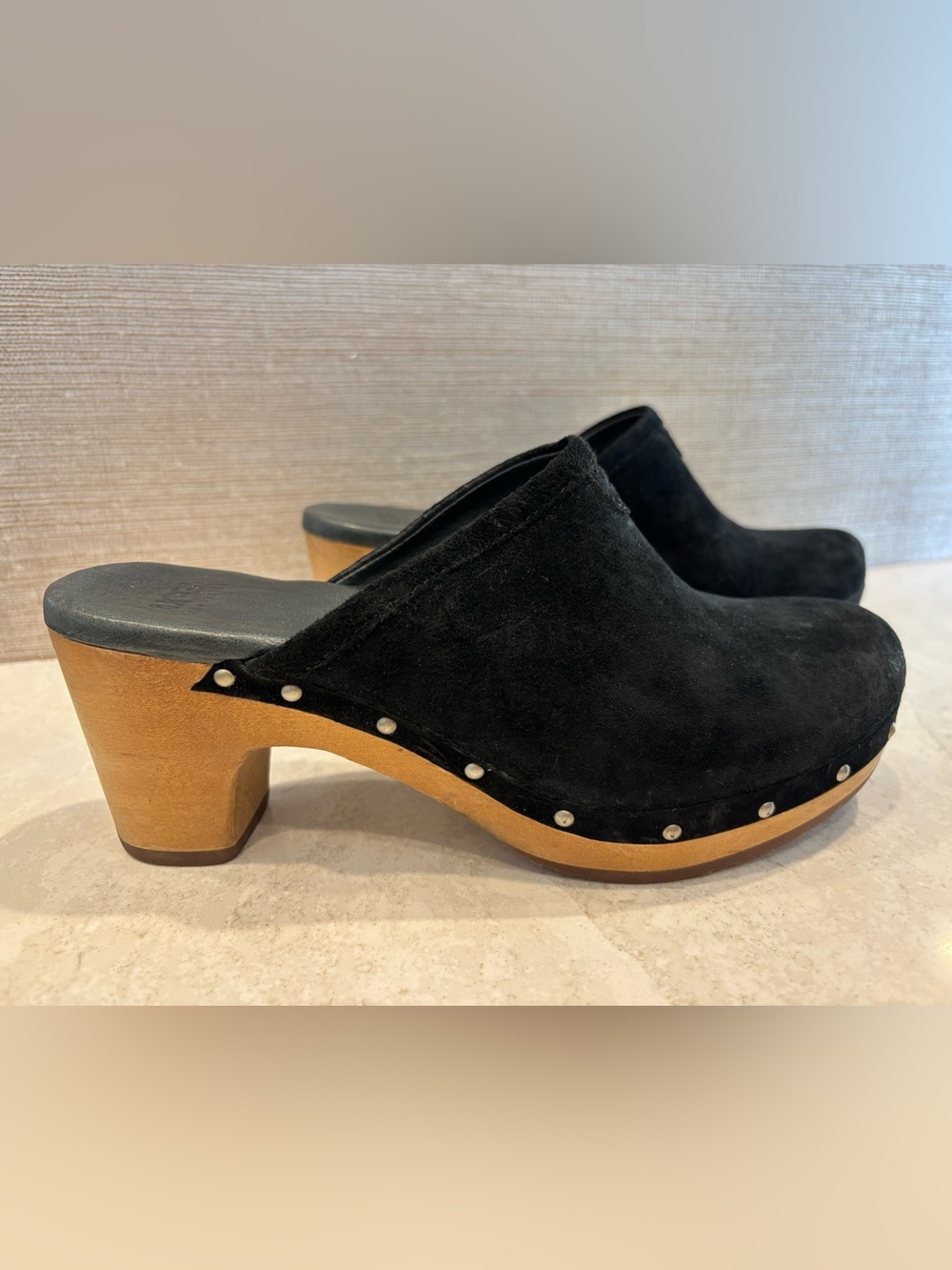 UGG Black Suede Studded Wooden Clogs